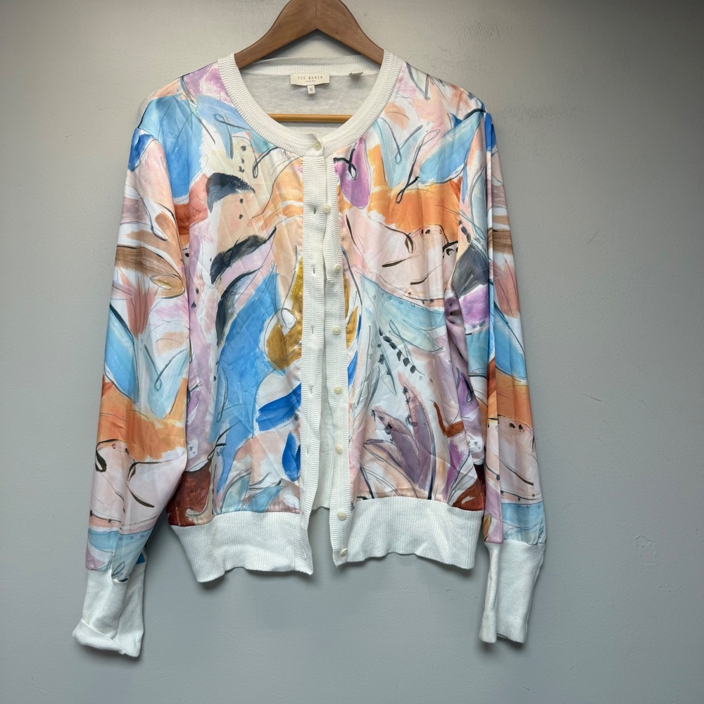 Ted Baker Cardigan Womens 5 XL White Multicolor Excellent Abstract Art WMK-RYVIR